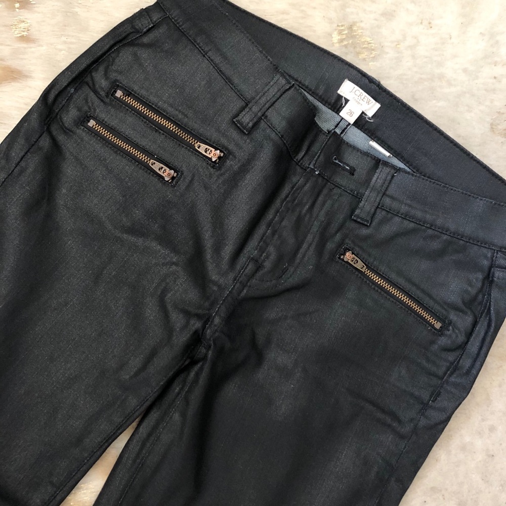 J Crew Skinny Coated Black Jeans with Zippers